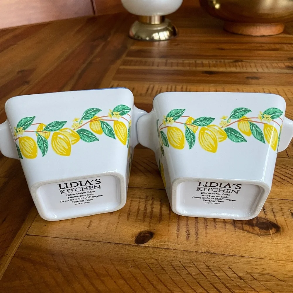 Ceramic Lemon Pattern Rectangular Baking Dishes with Blue Rim - Set of 2